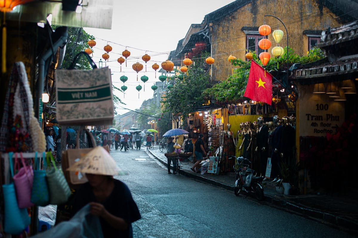 Silk lanterns glowing over the historic old town streets of Hoi An, Vietnam