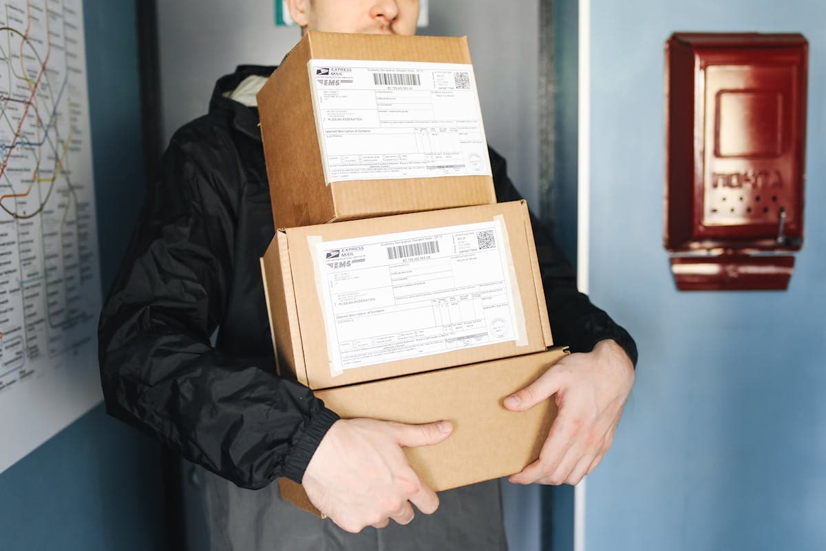Packaged parcels and shipping boxes ready for international courier dispatch
