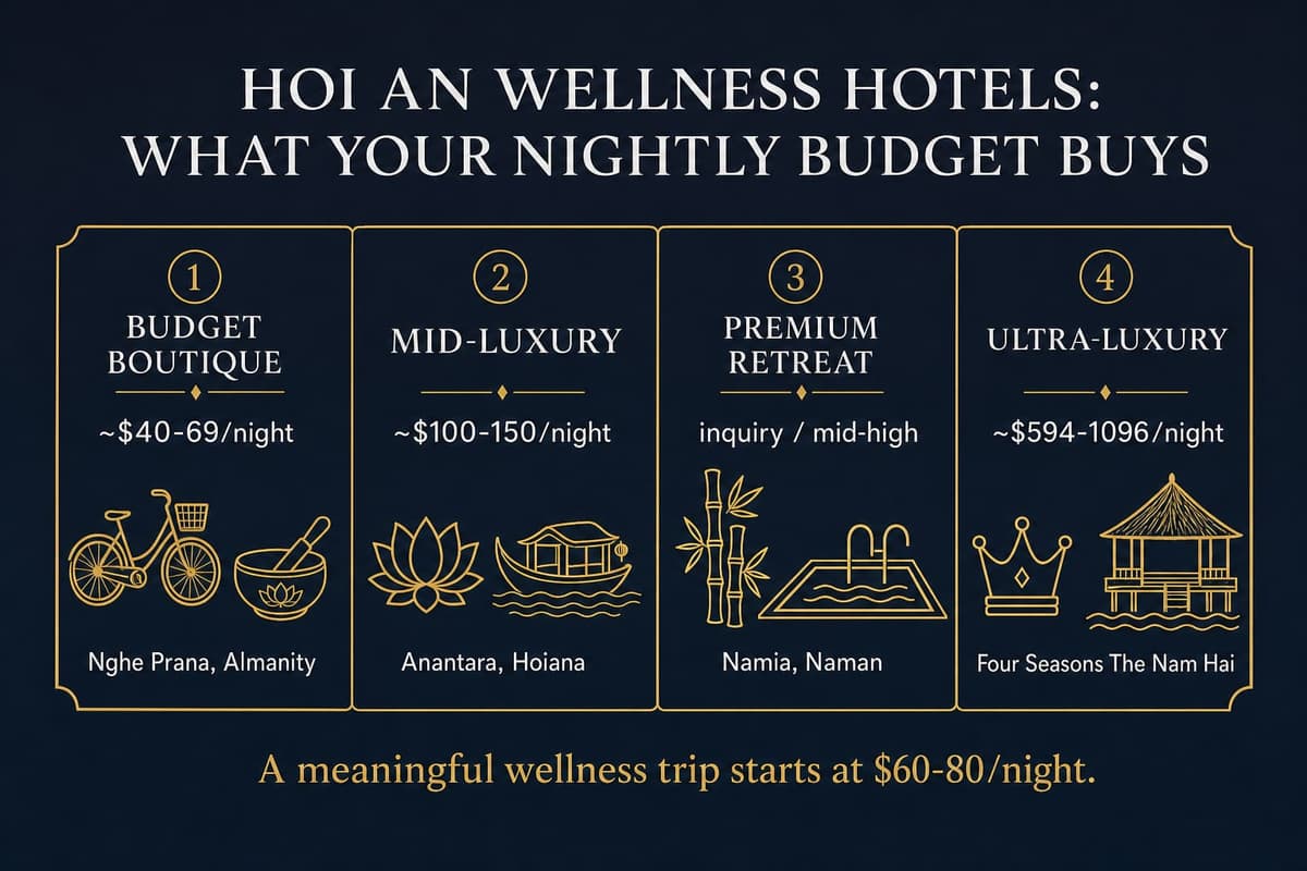 Infographic comparing per-night price tiers of Hoi An wellness hotels from budget boutique to ultra-luxury