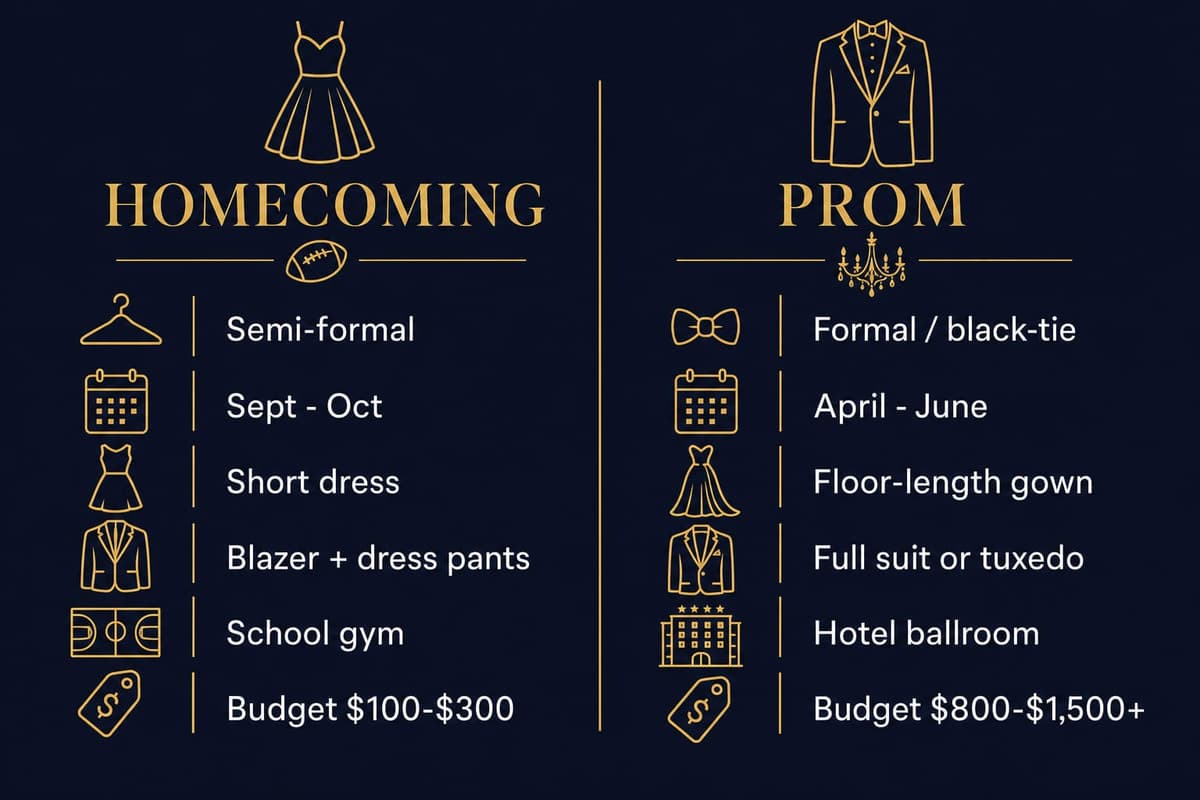 Side-by-side infographic comparing homecoming and prom across formality, season, dress length, venue, and budget