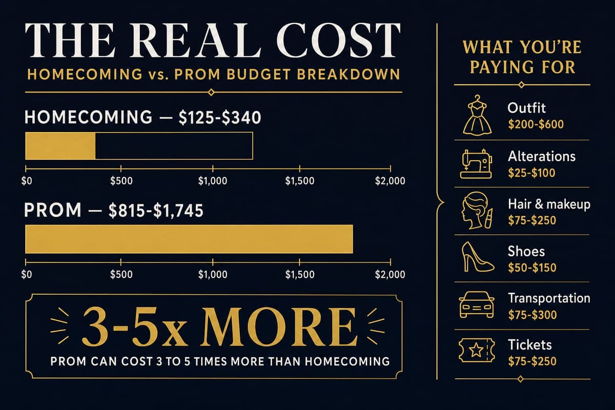 Bar-style cost breakdown infographic showing homecoming totaling roughly $125-$340 and prom totaling roughly $815-$1,745