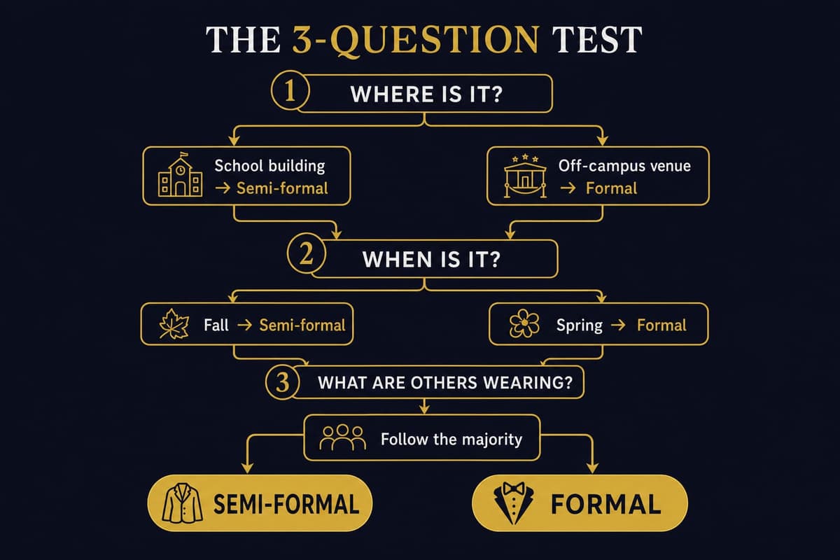 Flowchart infographic for the three-question dress-code test based on venue, season, and what others are wearing
