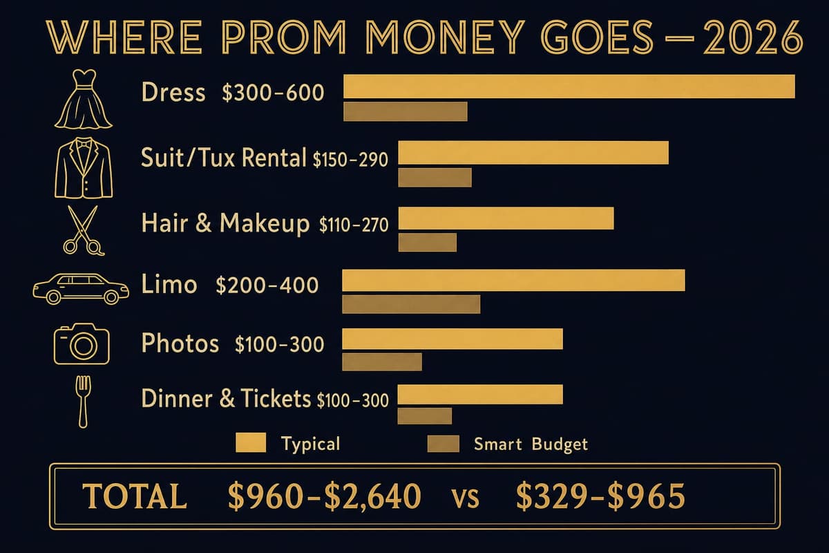 Infographic breaking down average 2026 prom costs by line item with a budget alternative column