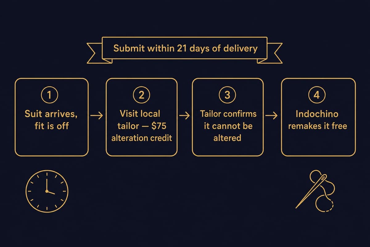 Flowchart of Indochino's Perfect Fit Guarantee showing the local alteration credit step before a free remake is approved, within a 21-day window