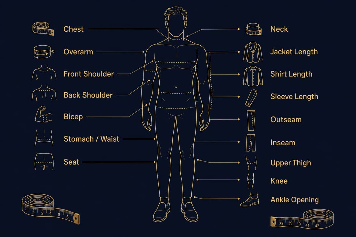 Infographic of a male figure annotated with the seventeen-plus body measurement points Indochino requests, from chest and overarm down to ankle opening