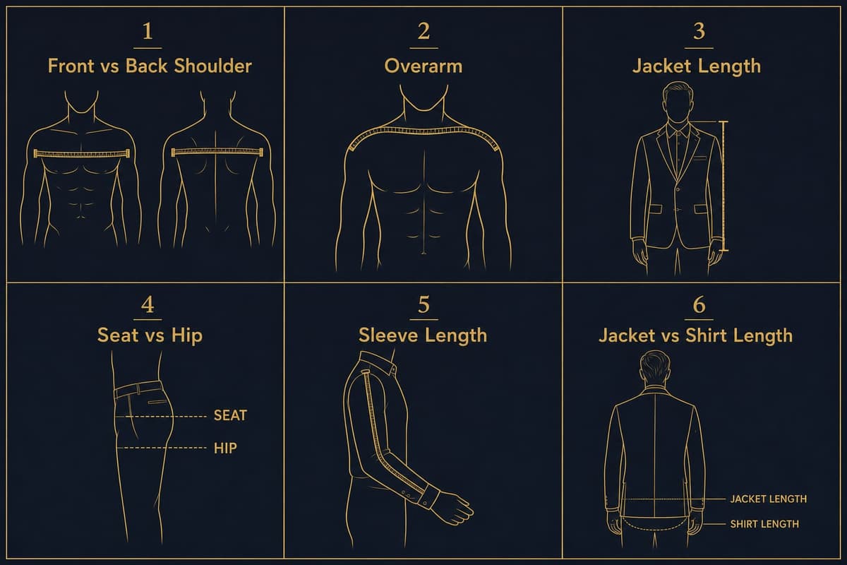 Infographic comparing the six commonly-botched measurements: front vs back shoulder, overarm, jacket length, seat vs hip, sleeve length, and jacket vs shirt length