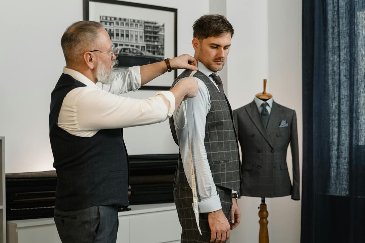 A tape measure laid across a folded navy suit jacket on a wooden tailor's table -- the tools you'll actually use to measure yourself before ordering
