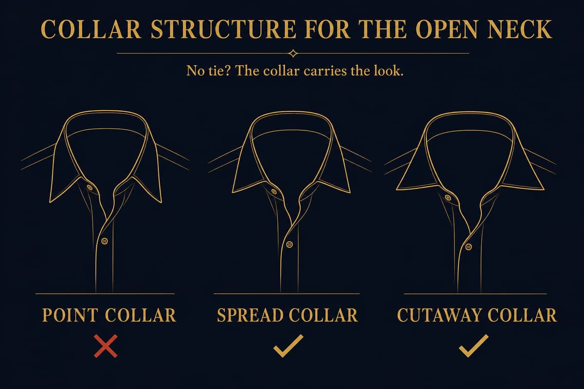 Infographic comparing a point collar that collapses without a tie versus a spread collar that holds its shape