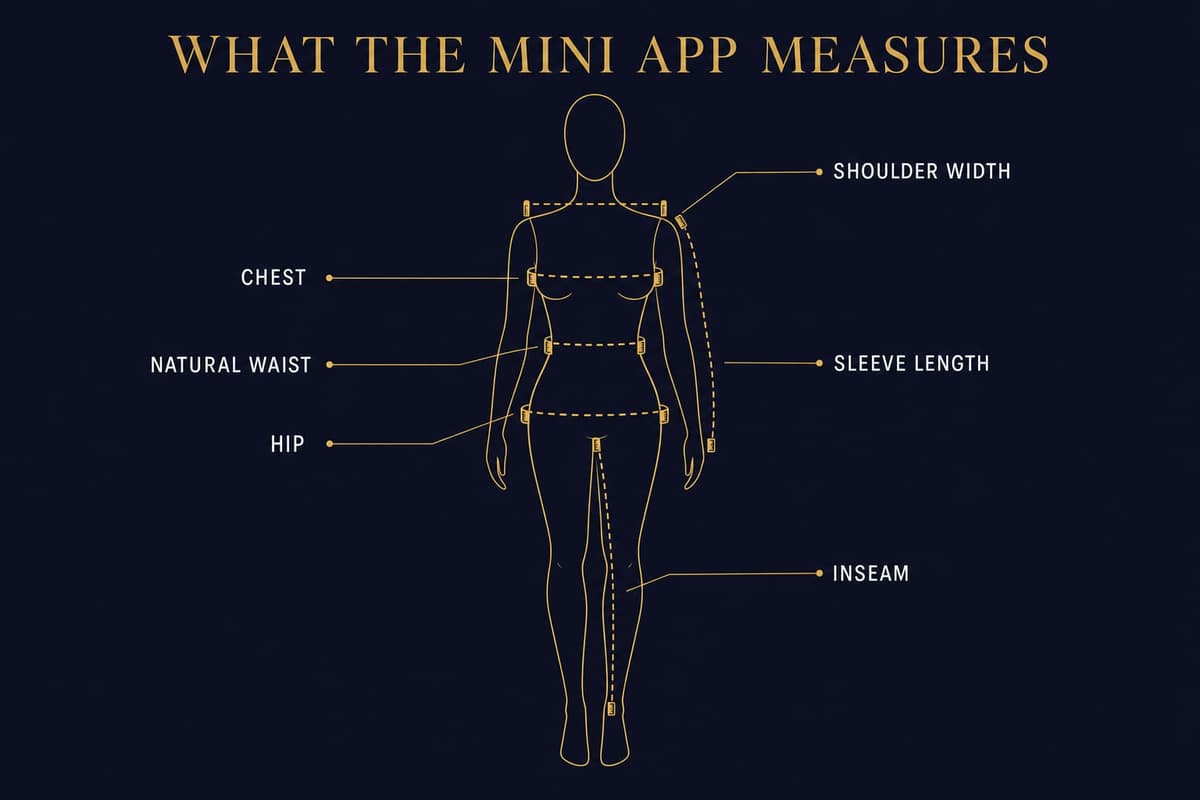 Line-art diagram of the key body measurements the Guided Measurement App walks customers through — chest, waist, hip, shoulder width, sleeve length, and trouser inseam — with labeled measuring tape lines