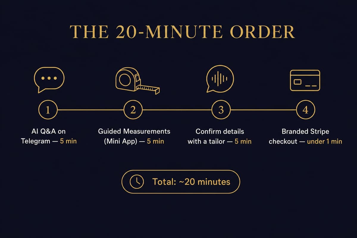 Infographic breaking down the 20-minute order timeline for a Hoi An custom suit: 5 minutes of fabric and style questions, 5 minutes of guided measurements, 5 minutes confirming details with a human tailor, under 1 minute for branded Stripe checkout