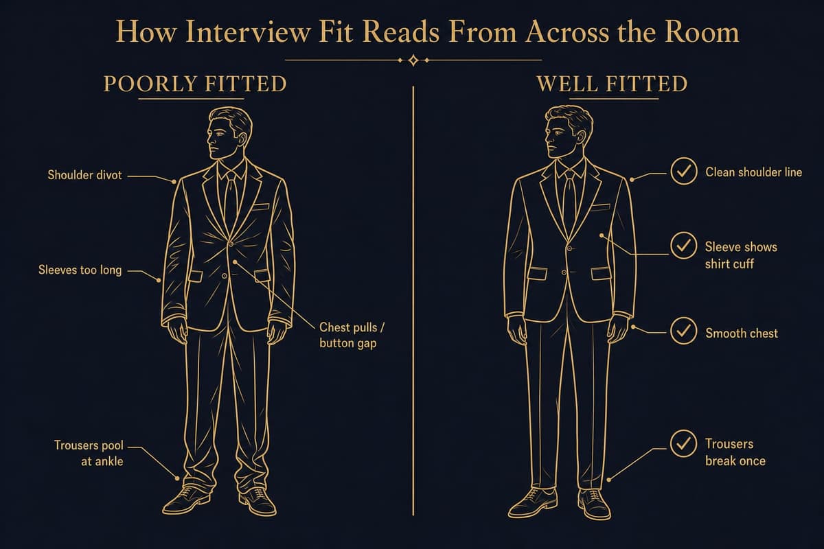 Infographic comparing a poorly fitted suit to a well-fitted suit, with labels pointing to shoulder divots, sleeve length, and chest pull