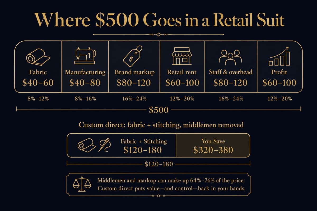 Infographic breaking down where the money goes in a $500 retail suit versus a custom suit, by fabric, manufacturing, brand markup, rent, and margin