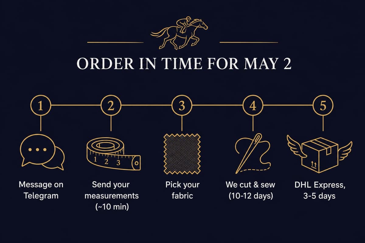 Timeline infographic showing the five steps to order a custom Kentucky Derby suit from Hoi An in time for May 2 — message, measure, pick fabric, sew, DHL Express ship