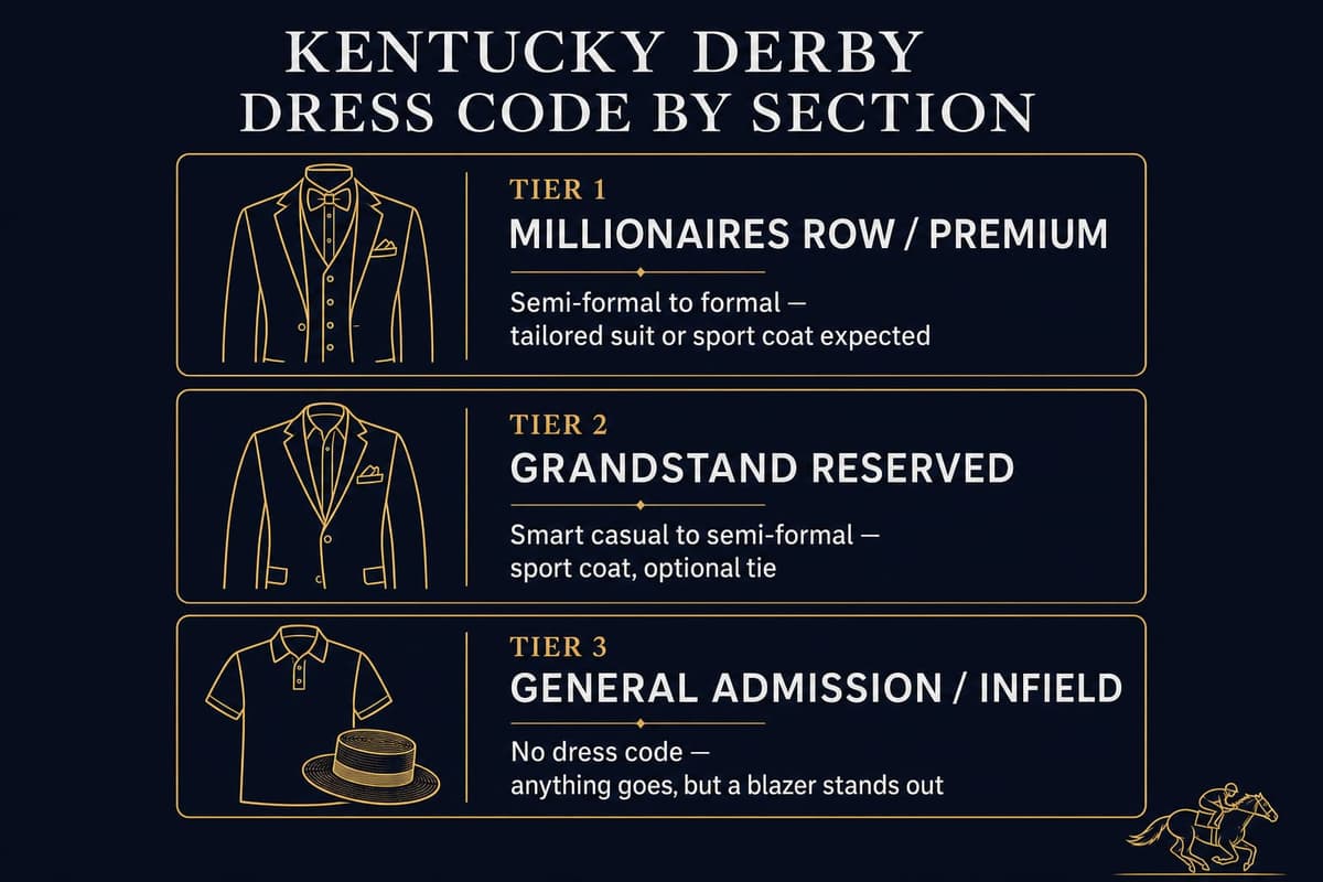 Infographic comparing Kentucky Derby dress codes by seating tier — Millionaires Row, Grandstand Reserved, and Infield — showing what men should wear in each section