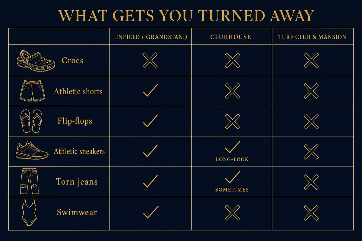Infographic grid showing which clothing items get refused at each Churchill Downs enclosure, from Infield to Mansion