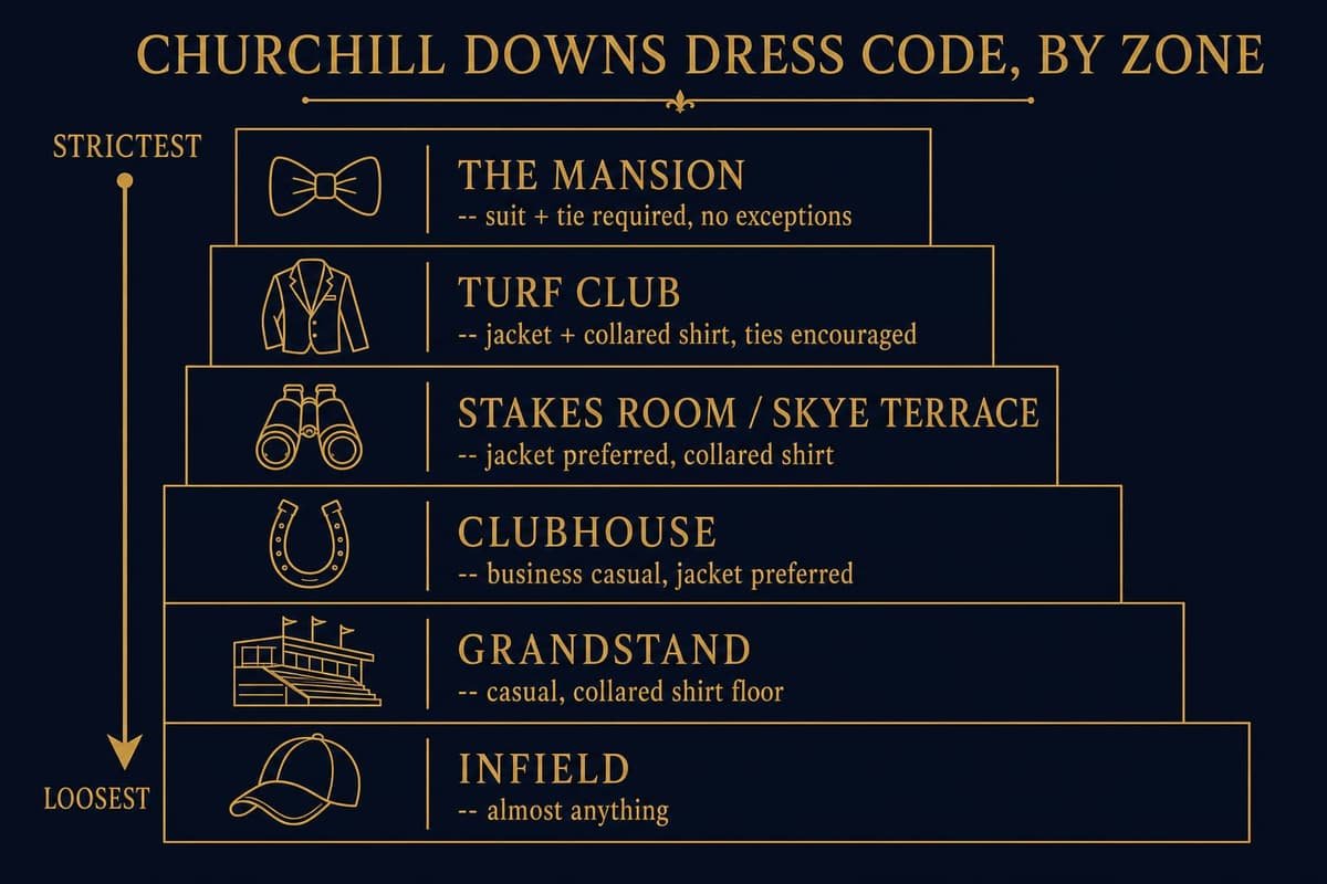 Infographic ladder of Churchill Downs enclosures ranked by dress code strictness, from The Mansion at the strictest down to the Infield at the loosest