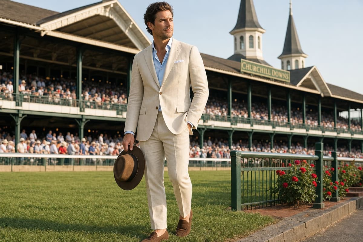 Kentucky Derby outfits for men 2026 — cream linen suit, pale blue shirt, brown suede loafers and a panama hat in hand, photographed in front of the Churchill Downs grandstand