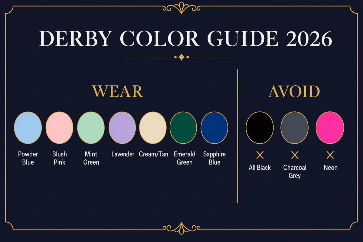 Color guide infographic showing recommended Kentucky Derby 2026 suit colors like powder blue, blush pink, lavender, emerald and sapphire, alongside colors to avoid such as black and charcoal