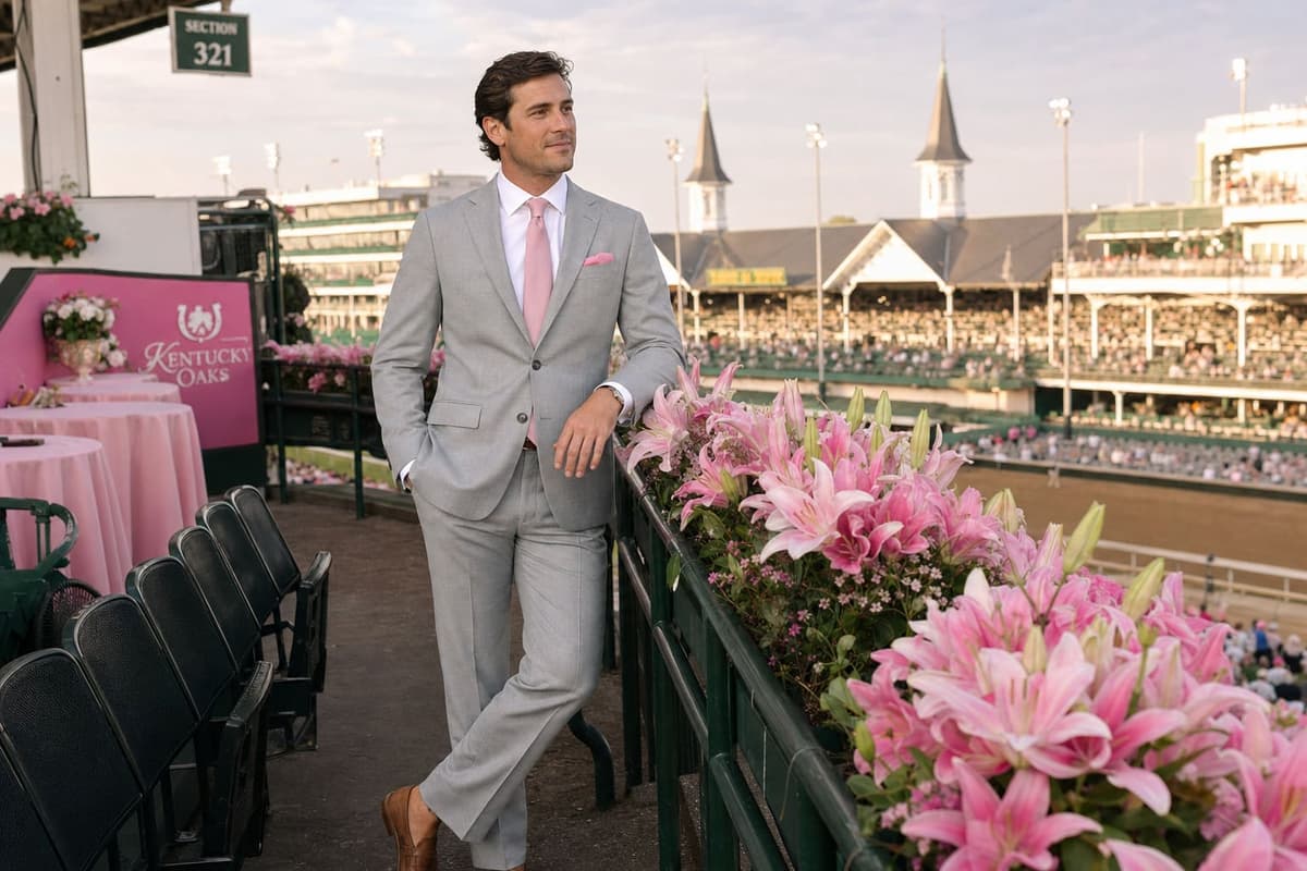 Kentucky Oaks dress code for men 2026 — light grey suit, soft pink silk tie and pocket square, brown loafers, photographed beside pink Oaks Day lilies at Churchill Downs
