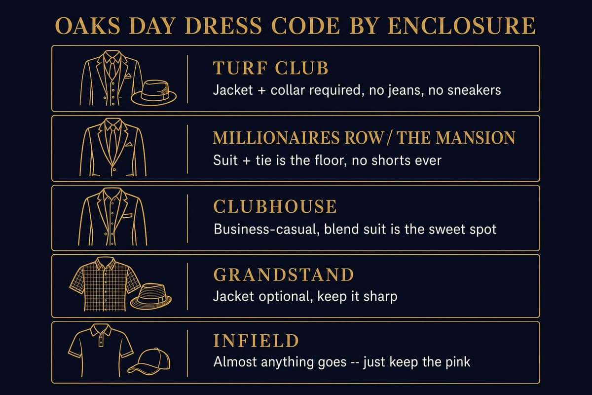 Infographic comparing Churchill Downs Oaks Day enclosures from Turf Club to Infield and the dress code each requires