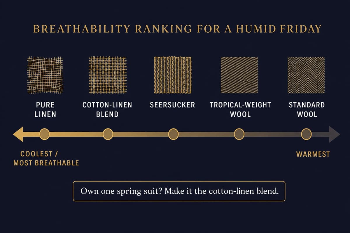 Infographic ranking suit fabrics by breathability from pure linen down to standard wool for humid spring weather
