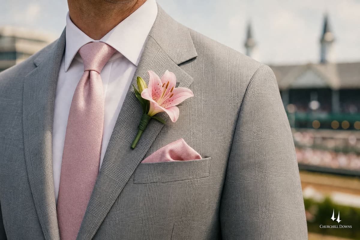 Kentucky Oaks outfit detail — a soft pink silk tie and folded pink pocket square on a light grey Prince-of-Wales check suit with a small pink lily boutonniere, the right way to wear pink for Oaks Day