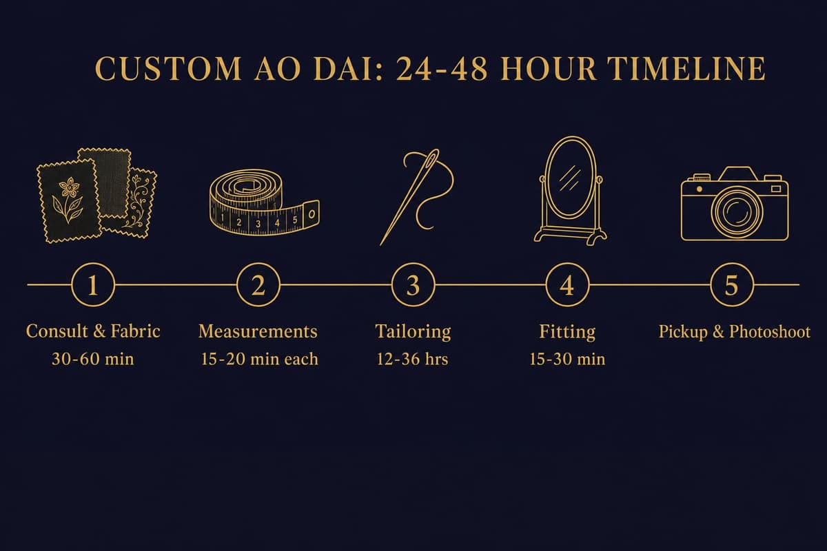 Timeline infographic showing the five steps of getting custom ao dai made in Hoi An over 24 to 48 hours