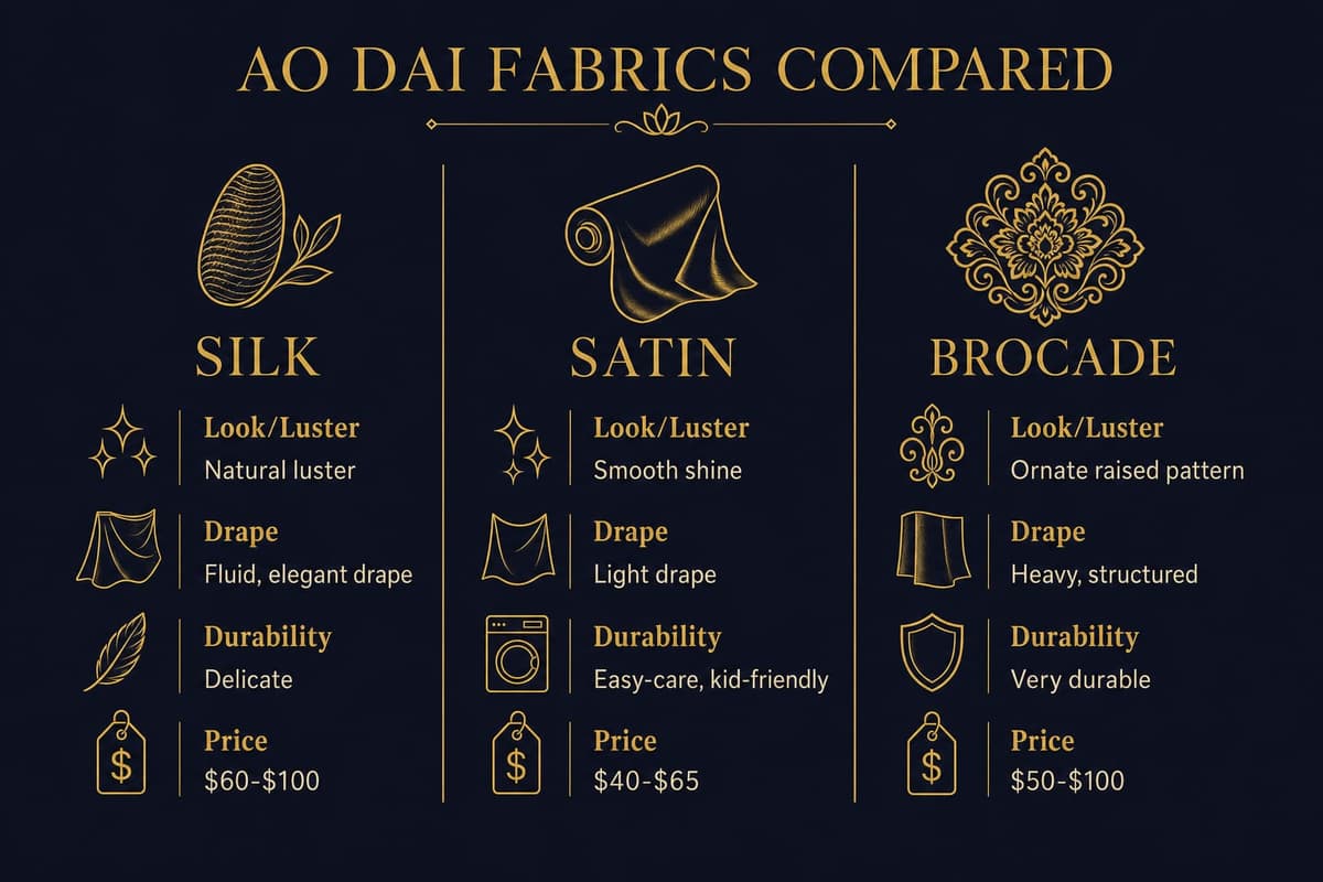 Infographic comparing silk, satin, and brocade ao dai fabrics across luster, drape, durability, and price