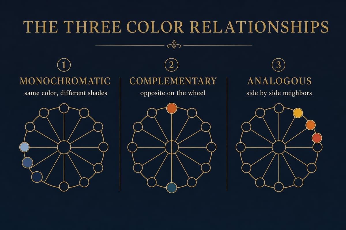 Infographic showing three color coordination methods for prom couples: monochromatic, complementary, and analogous, mapped on a color wheel