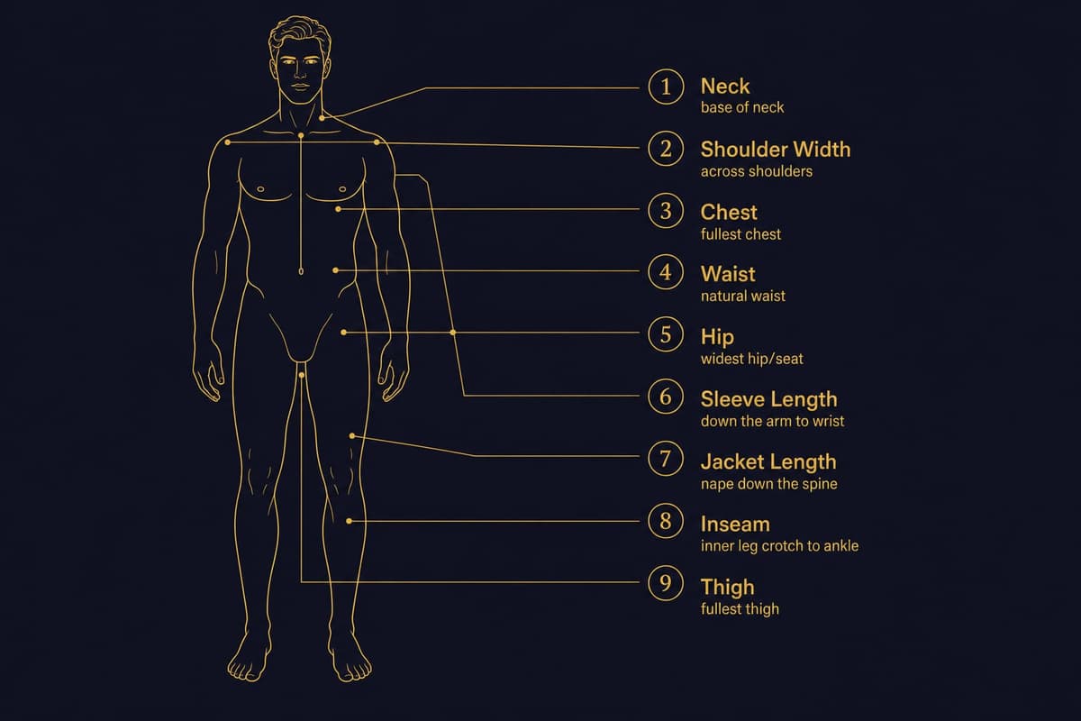 Diagram of a male figure showing the nine key suit measurement points labeled neck, shoulder, chest, waist, hip, sleeve, jacket length, inseam and thigh