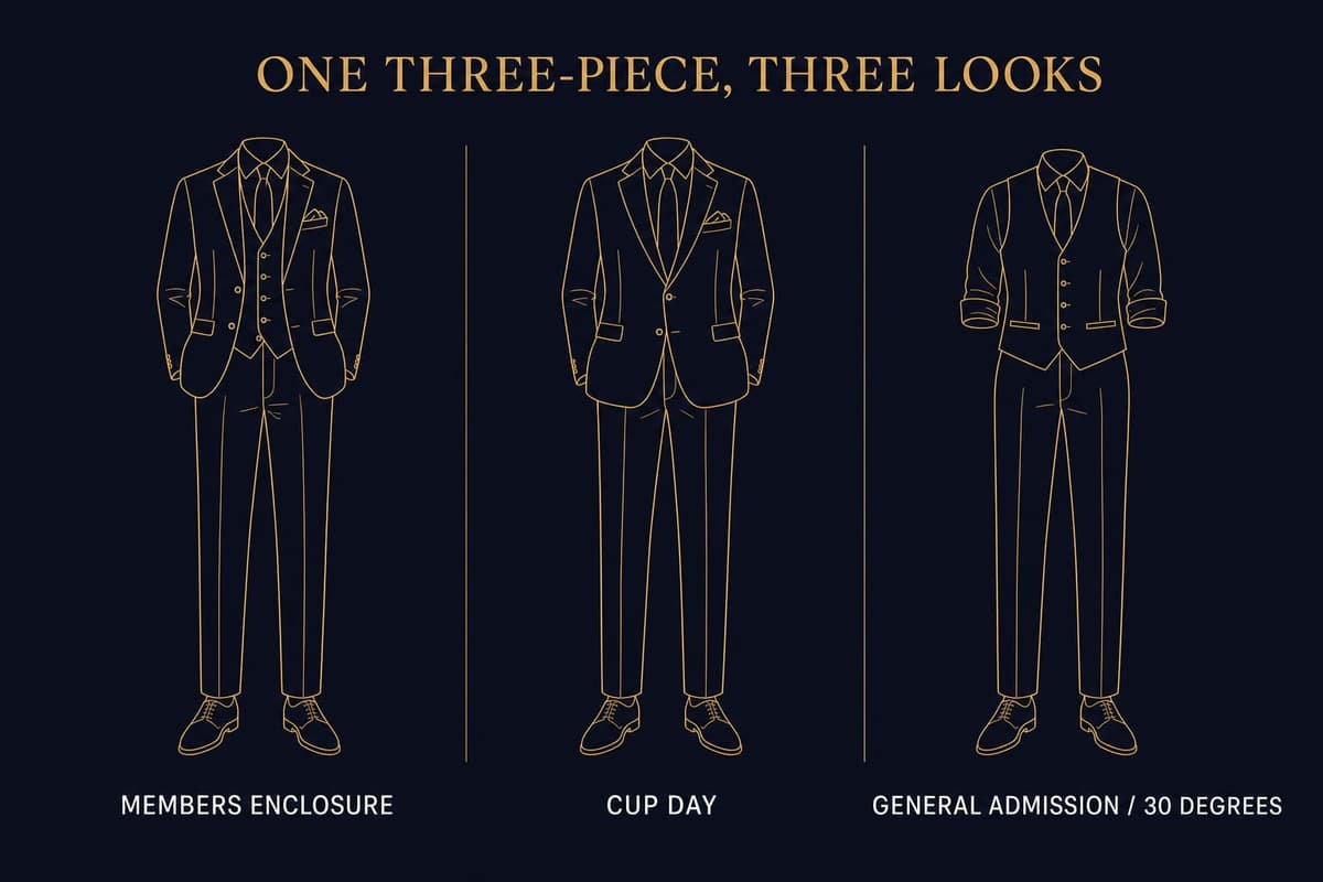 Infographic showing how a three-piece navy suit creates three different looks for different race carnival days and dress codes