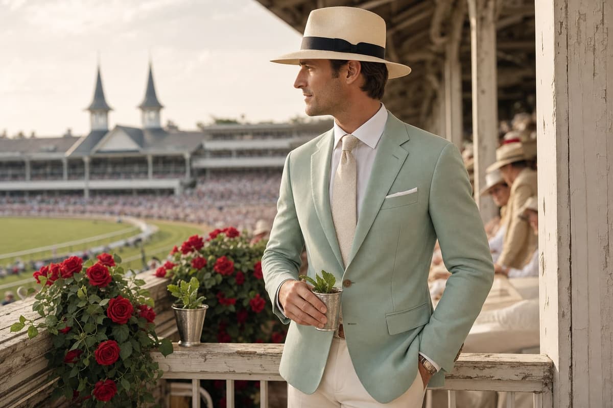 Men's Kentucky Derby attire 2026 — mint-green sport coat with ivory trousers and a cream panama hat with grosgrain band, holding a mint julep in front of Churchill Downs