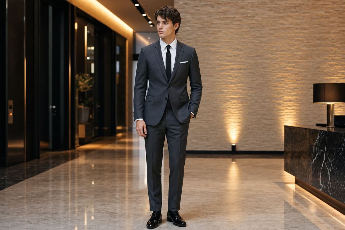 Mens prom suit 2026 — classic charcoal grey single-breasted two-button suit with white shirt, slim black satin tie, white pocket square and patent oxfords, the safe default that always reads right