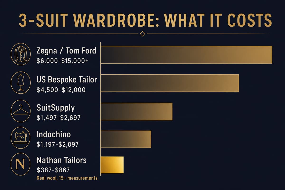 Bar chart comparing the cost of a 3-suit wardrobe across luxury brands, SuitSupply, Indochino, US bespoke, and Nathan Tailors