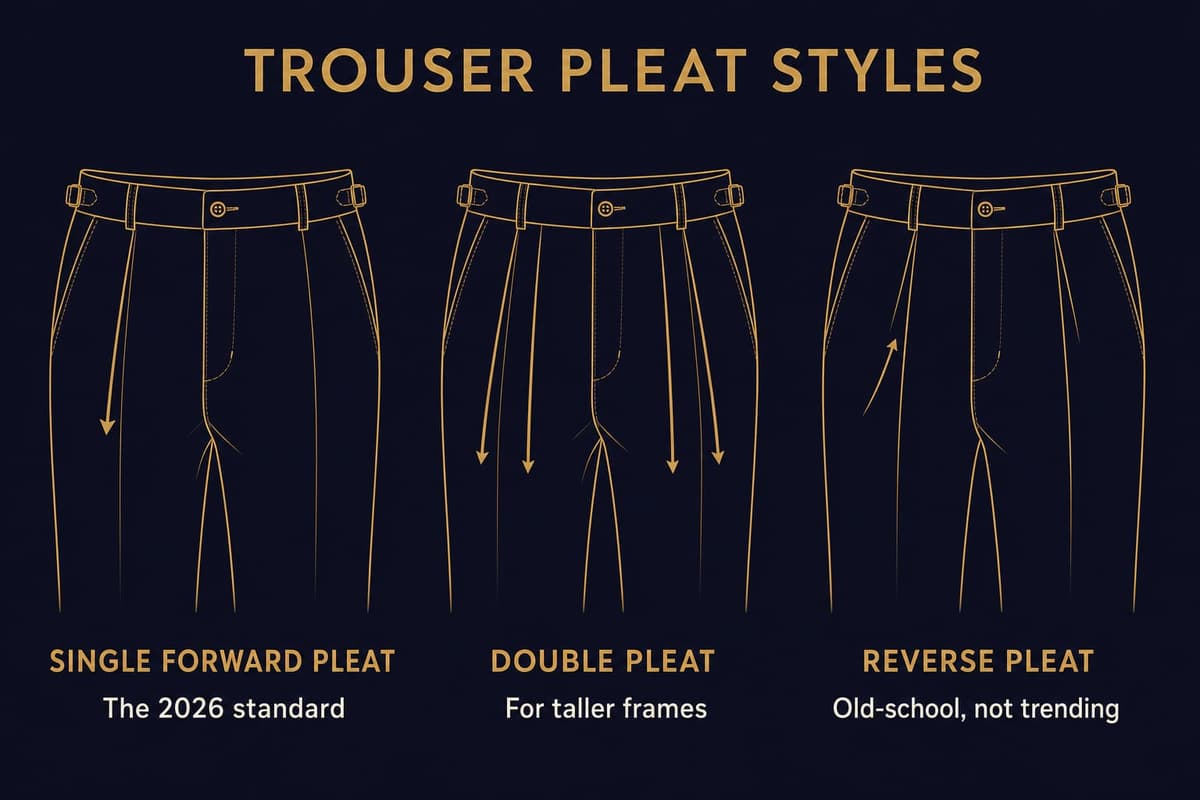 Infographic comparing single forward pleat, double pleat, and reverse pleat trouser styles