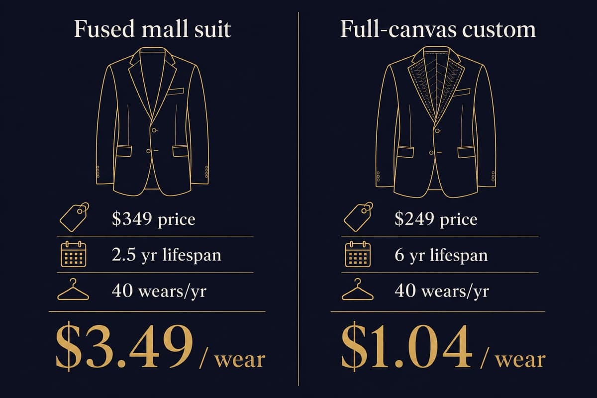 Diagram comparing cost per wear of fused off-the-rack suits versus a canvassed custom suit