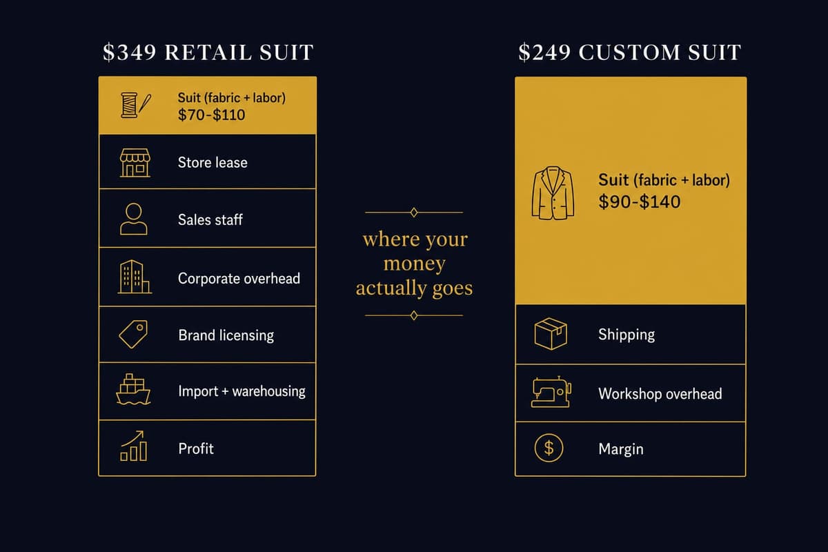 Diagram showing where the money goes in a $349 retail suit versus a $249 custom suit