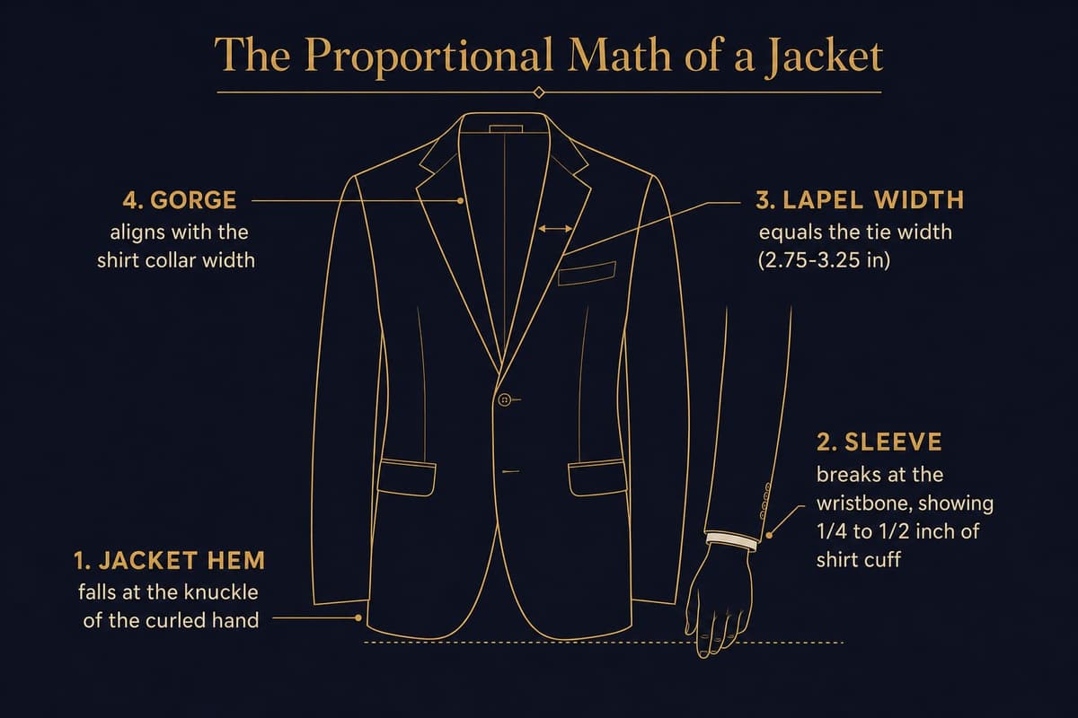 Infographic of a suit jacket outline labeling the classic proportion rules: hem at the curled-hand knuckle, sleeve breaking at the wristbone with a quarter-inch of shirt cuff, and lapel width matched to tie width