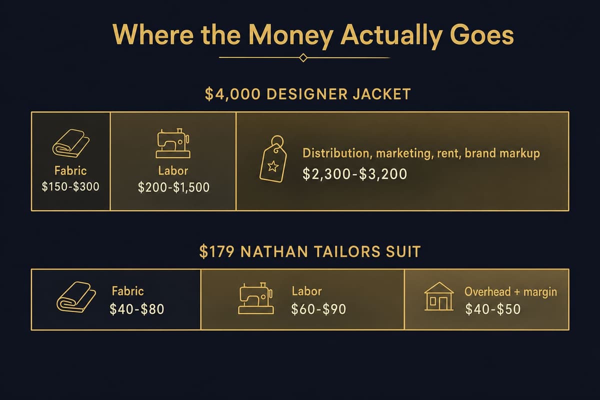 Two stacked horizontal cost-breakdown bars comparing a $4,000 designer jacket against a $179 Nathan Tailors suit, segmented into fabric, labor, and overhead/markup