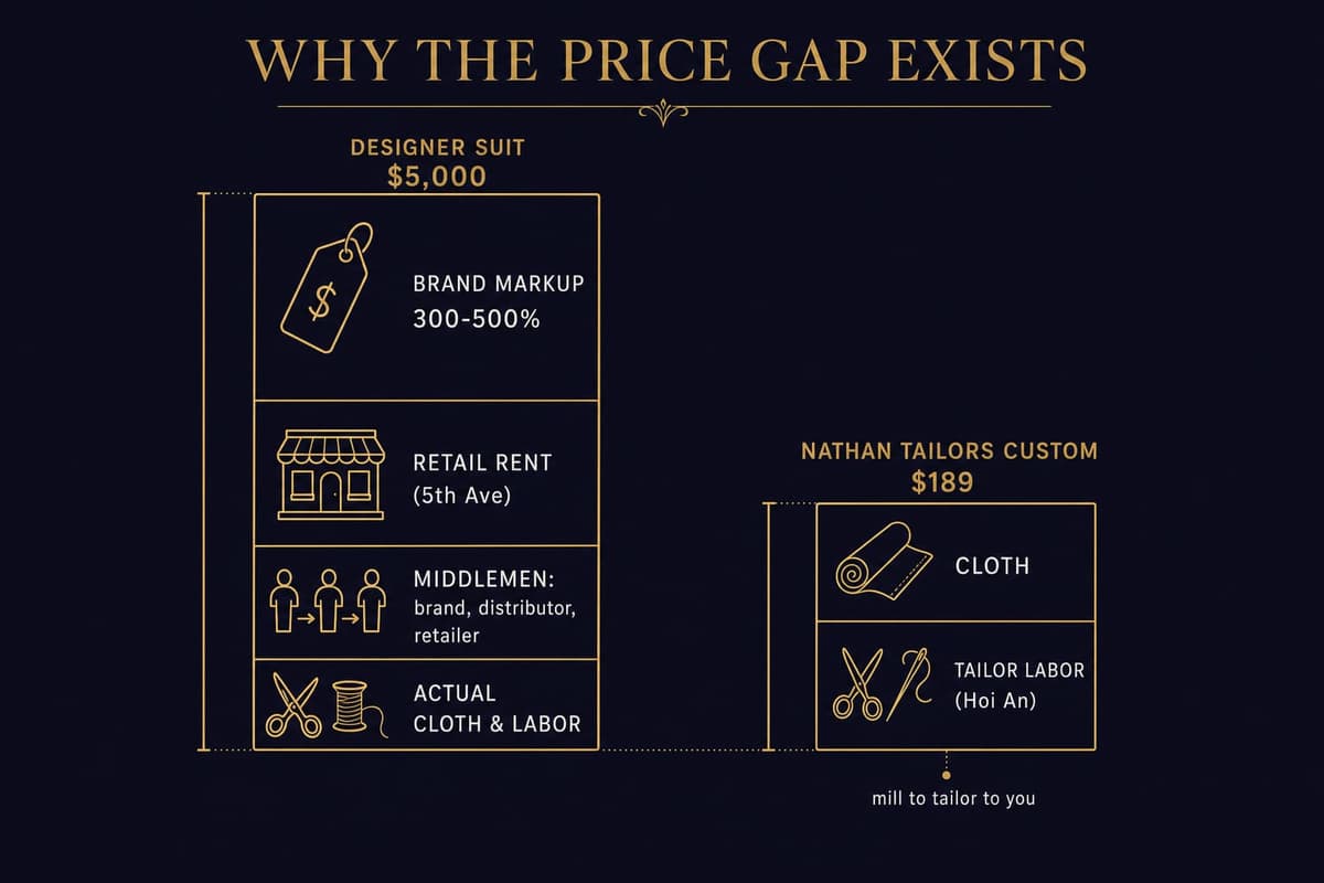 Infographic breaking down what you pay for in a designer suit versus a Hoi An custom suit -- brand markup, retail rent, middlemen, and volume