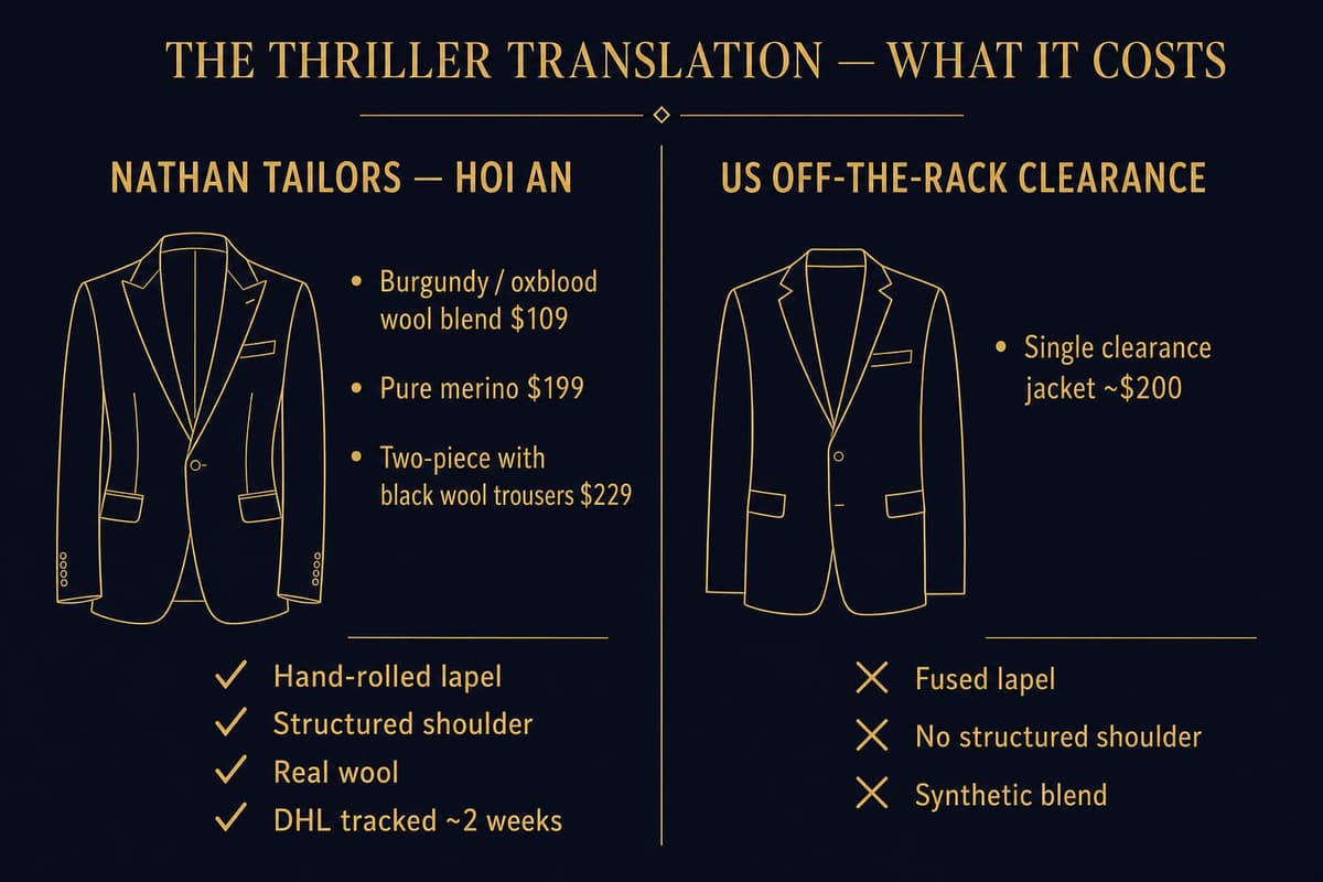 Infographic comparing a Nathan Tailors hand-built burgundy blazer at $109 to $199 against a typical US off-the-rack clearance jacket