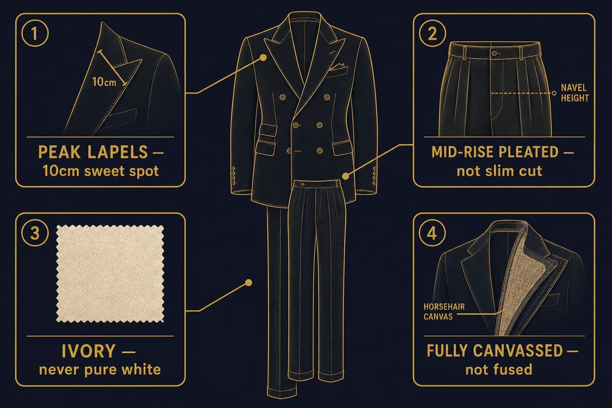 Infographic breaking down the four construction details of the Michael Jackson white suit: 10cm peak lapels, mid-rise pleated trousers, ivory not white wool, and full hand-canvassed chest piece