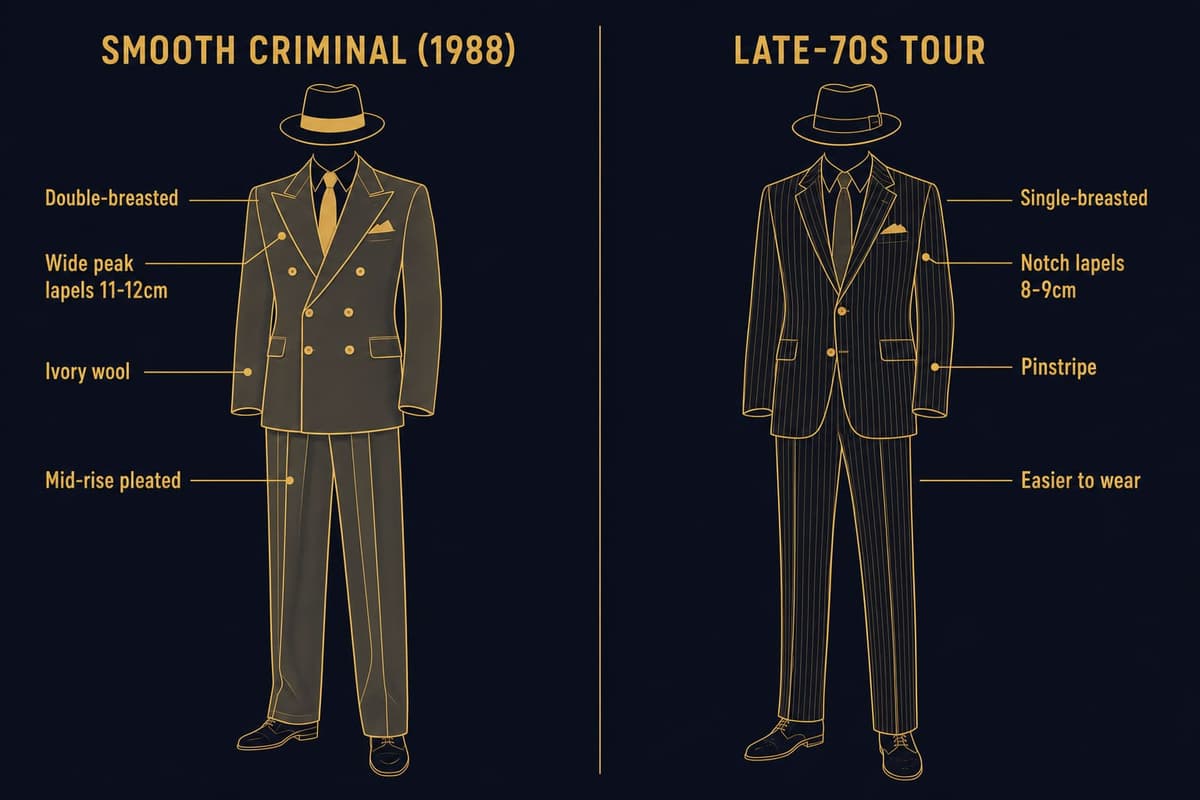 Side-by-side comparison diagram of the 1988 Smooth Criminal double-breasted white suit versus the late-70s single-breasted tour white suit, showing lapel, button, and trouser differences