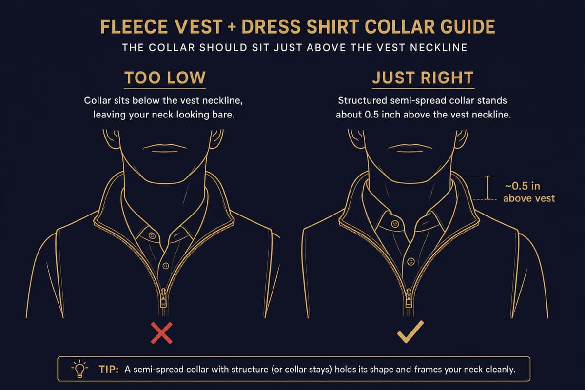 Side-by-side infographic comparing a low-profile collar that disappears under a vest versus a structured semi-spread collar standing half an inch above the vest neckline