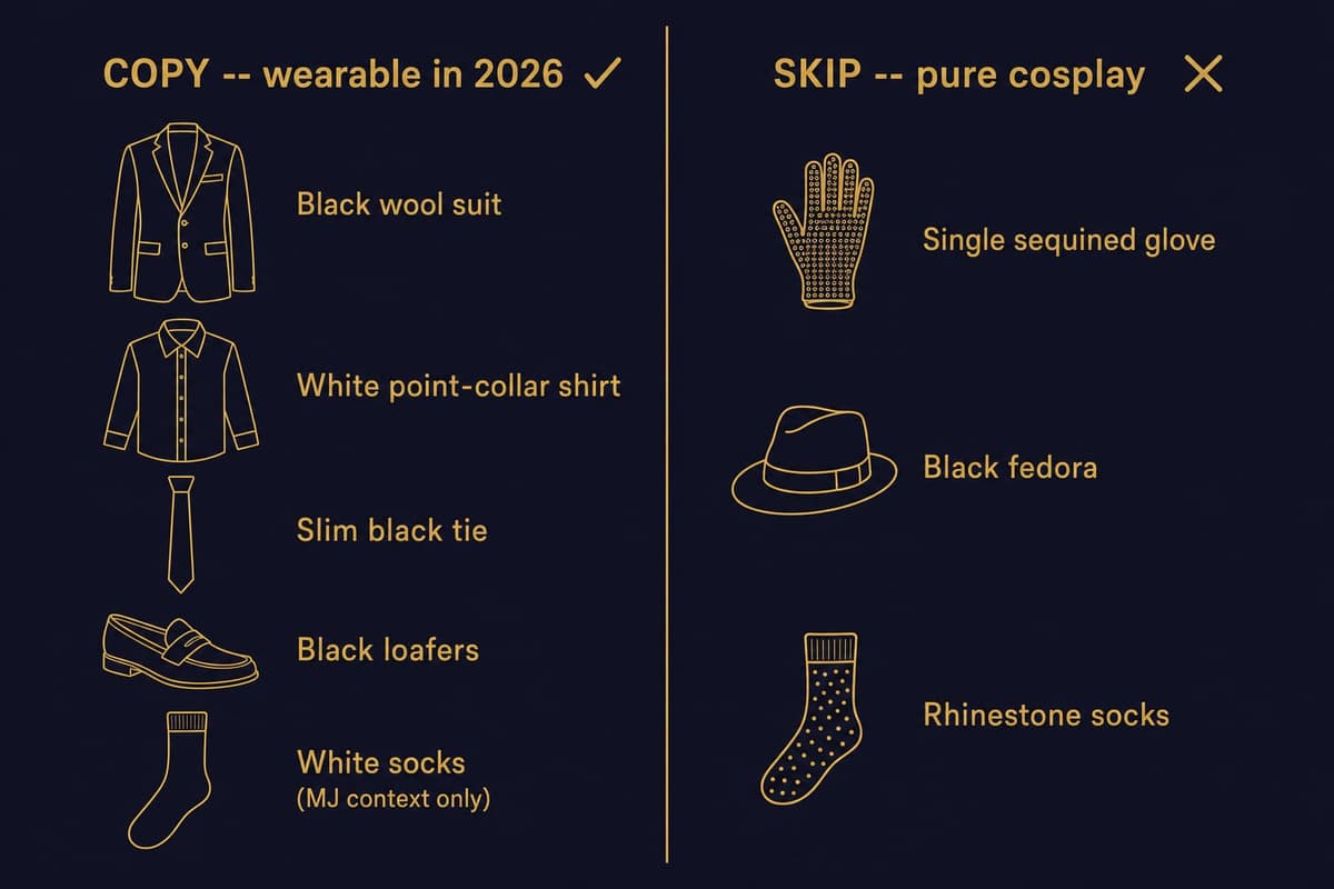 Infographic splitting the Billie Jean look into wearable pieces to copy and costume pieces to skip