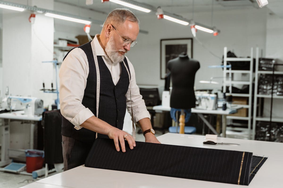 A wrapped garment or parcel ready for international shipping on a workshop table