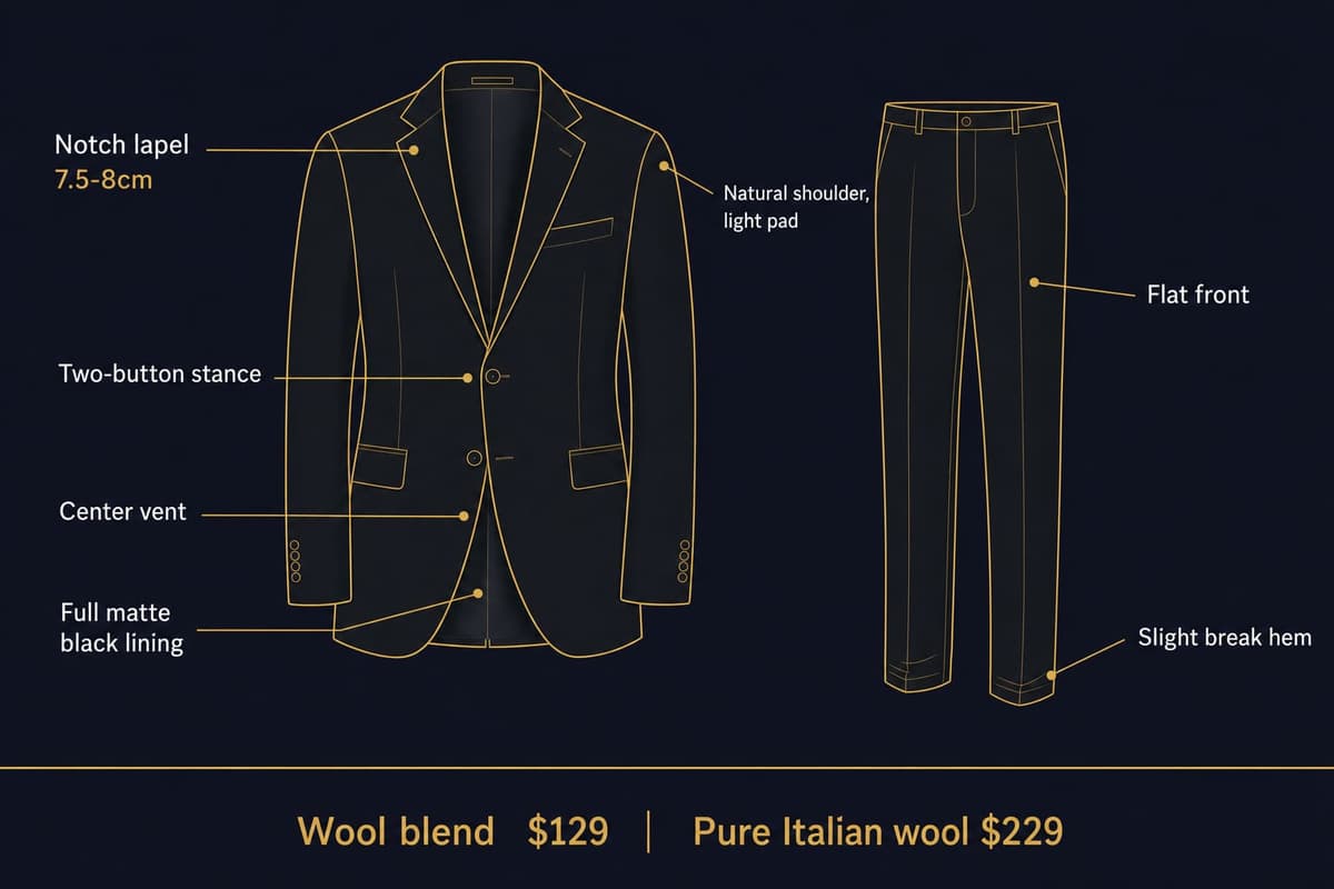 Labeled spec diagram of the Motown 25 suit jacket and trousers with construction callouts and prices