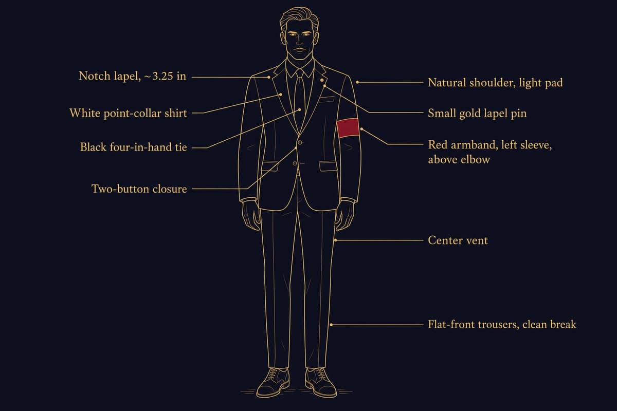 Annotated infographic of the MJ premiere look: black single-breasted notch-lapel jacket, white point-collar shirt, black four-in-hand tie, gold lapel pin, and red left-sleeve armband