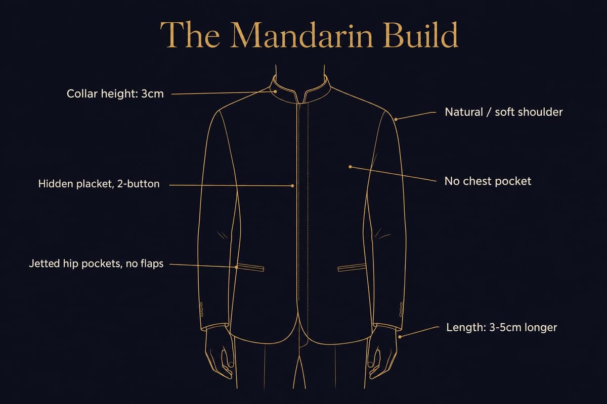 Infographic of a Mandarin-collar jacket labelling collar height, hidden placket, jetted pockets, natural shoulder, and longer length