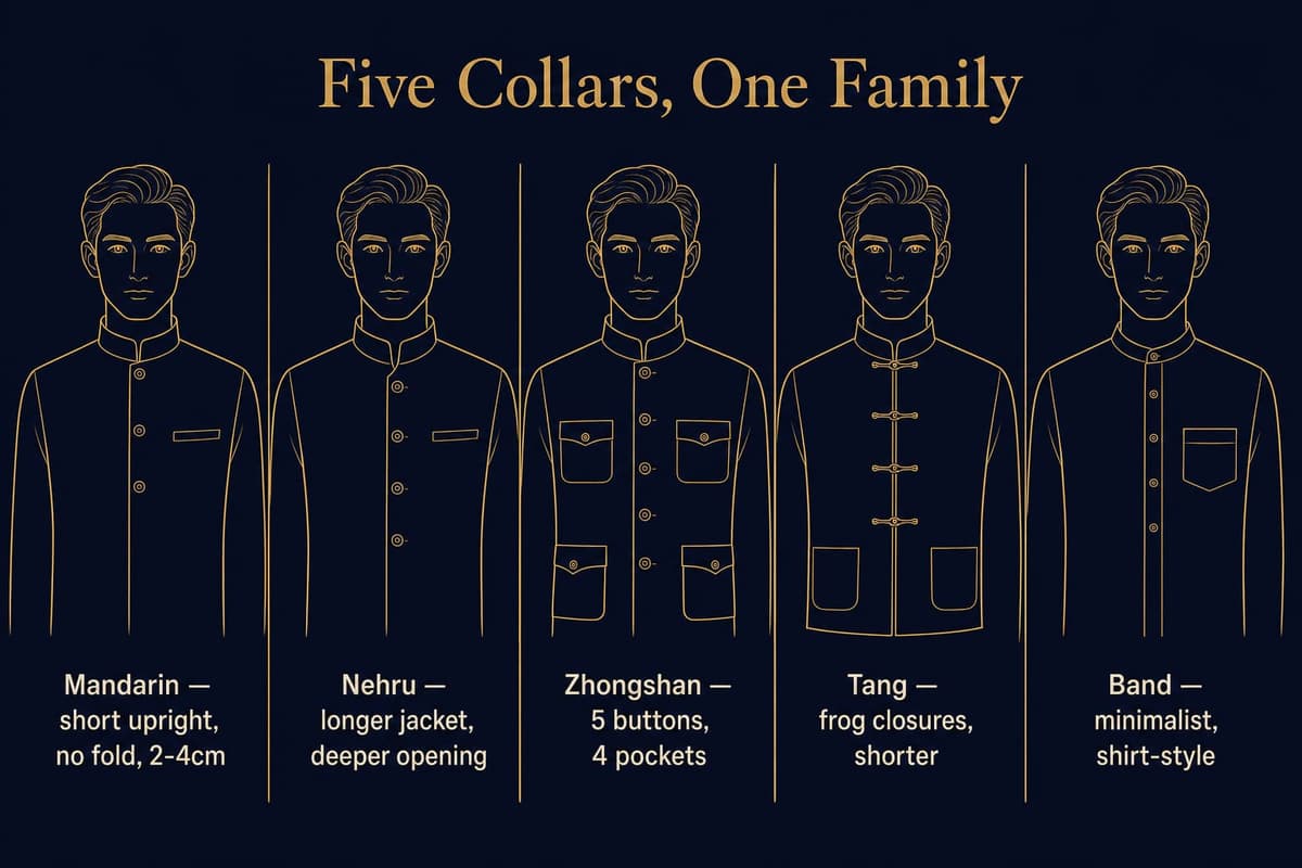 Side-by-side line-art comparison of Mandarin, Nehru, Zhongshan, and Tang collars showing height and closure differences